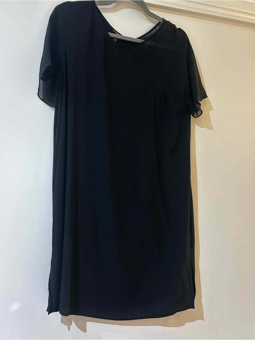 Eileen Fisher Black Midi Shift Dress with Sheer Short Sleeves